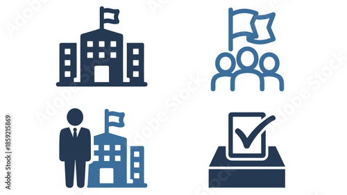 Government and Voting Icons in Simple Flat Design with Blue Color Scheme on White Background for Infographic
