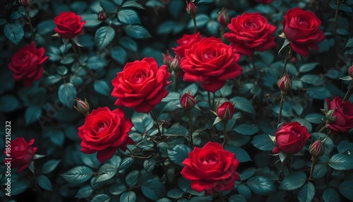 Wallpaper Mural A vibrant display of deep red roses emerging amongst lush green foliage Torontodigital.ca