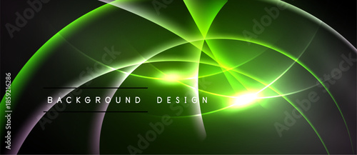 Abstract green light streaks form curved shapes. Dark background emphasizes vibrant energy, modern design elements present.