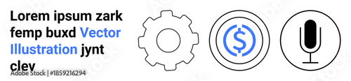 Technology, finance, communication, process, innovation, automation. Gear, dollar symbol and microphone in a minimalist style. Technology and finance conceptual visualization