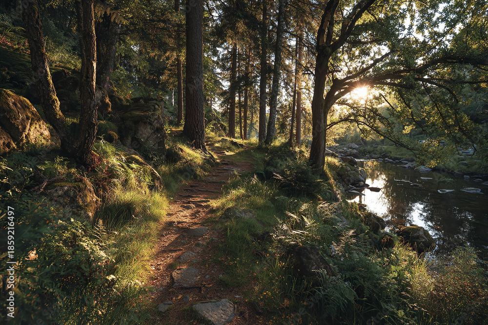 Fototapeta premium Forest path with sunlight shining through tall trees beside calm river, creating peaceful and calming nature scene in golden hour light