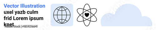 Technology, science, education, cloud computing, global connectivity, innovation. A globe, an atomic symbol with a heart and a cloud are displayed. Science and global connectivity concept