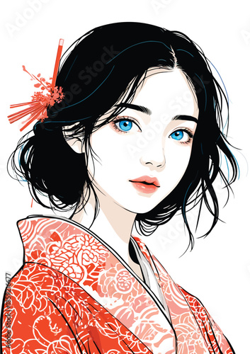 057-45-Young woman with striking blue eyes wearing a red floral kimono and ornate hair stick