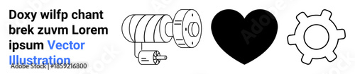 Engineering, machinery, automotive parts, mechanical systems, technology, precision tools. Motor component, heart icon and gear outline. Engineering and machinery conceptual elements