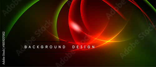 Abstract design features vibrant curves, gradients. Red, green, yellow hues dominate dark background. Modern aesthetic, dynamic composition.