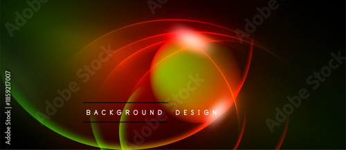 Abstract neon lines create vibrant circular shapes. Dark background emphasizes glowing colors, modern design element.