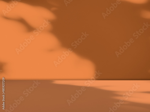 Orange background wall gradient studio room solid podium with shadow leaf on floor, backdrop summer tropical autumn season, stage template platform for presentation product promotion