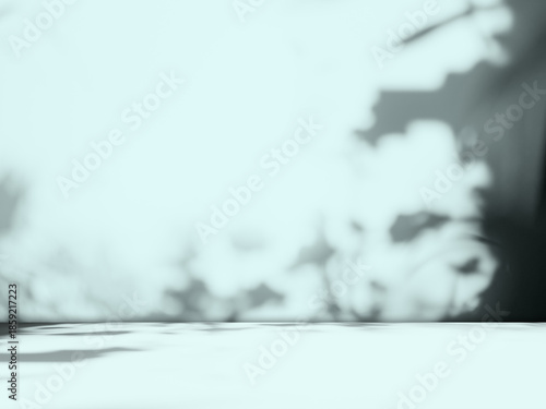 Blue background, wall summer backdrop, studio room loft table with natural shadow on wall floor, mockup pastel abstract interior modern empty for presentation travel product winter spring season