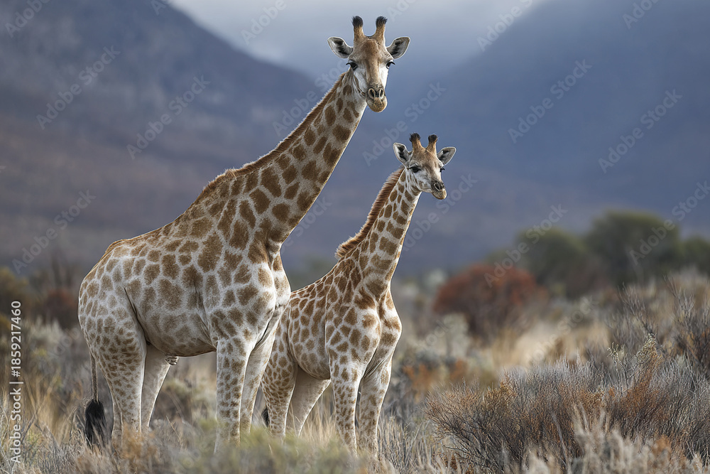 Obraz premium Giraffe adult and juvenile standing in dry grassland with mountain background, showing natural wildlife beauty and calm atmosphere in African savanna landscape