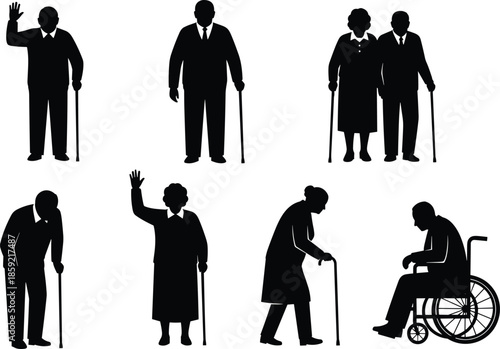 Set of black elderly people silhouettes including seniors with walking sticks and wheelchair users, isolated vector illustrations for aging, retirement, and healthcare 