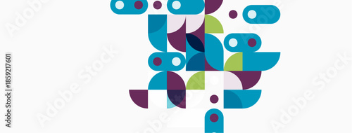 Abstract geometric shapes, teal, purple, green hues. Minimalist design, clean background, modern aesthetic. Composition feels dynamic, playful.