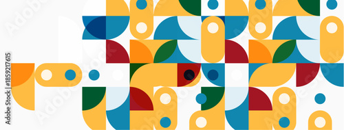 Abstract geometric pattern. Colorful shapes overlap, creating playful composition. Modern design with vibrant hues.