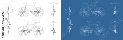 Top and Front View Technical Plan Layout of Fixed Gear Bicycle