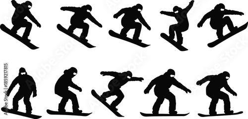 Set of black silhouettes of snowboarders jumping and riding, vector illustration of winter sports athlete performing extreme tricks, isolated on white background, snow.
