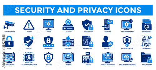 Security and privacy icon collection set. Containing secure, password, firewall, encryption, authentication, surveillance, protection icon.
