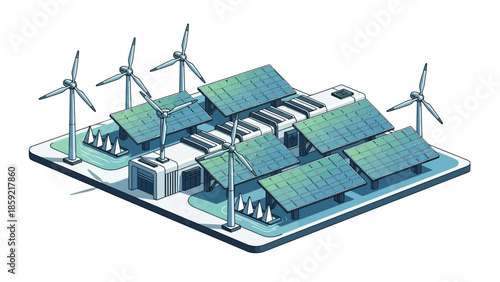 An isometric illustration of a renewable energy power station featuring solar panels and wind turbines.
