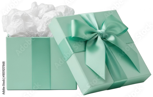 Mint green open gift box with white crumpled tissue paper