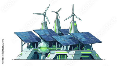 Futuristic renewable energy power plant with solar panels and wind turbines.