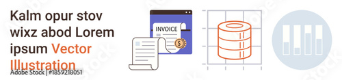 Finance, data analysis, database management, business reports, payment processing, budgeting. Invoice document, stacked data icon bar chart graphic. Finance and data analysis concept