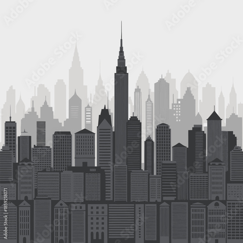 Monochromatic city skyline vector illustration with layered buildings and a prominent central skyscraper