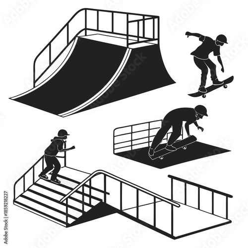 Skateboarders performing tricks at a skate park