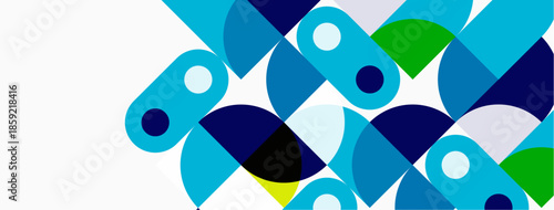 Abstract geometric pattern. Overlapping circles, varying blues, green, white create dynamic composition. Modern design element.