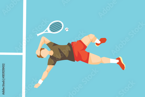Tennis player lying on the court with racket and ball nearby. A dramatic moment of exhaustion or impact.