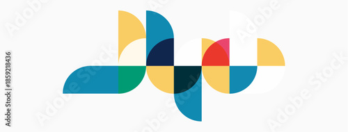 Abstract design features colorful overlapping semicircles. Shapes create flowing, connected pattern. Minimalist aesthetic, clean background.