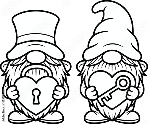Two gnomes with a heart key and lock for a valentine's day coloring page
