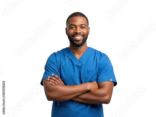 Confident Young African American Male Doctor or Nurse Smiling with Arms Crossed in Blue Scrubs on White Background.