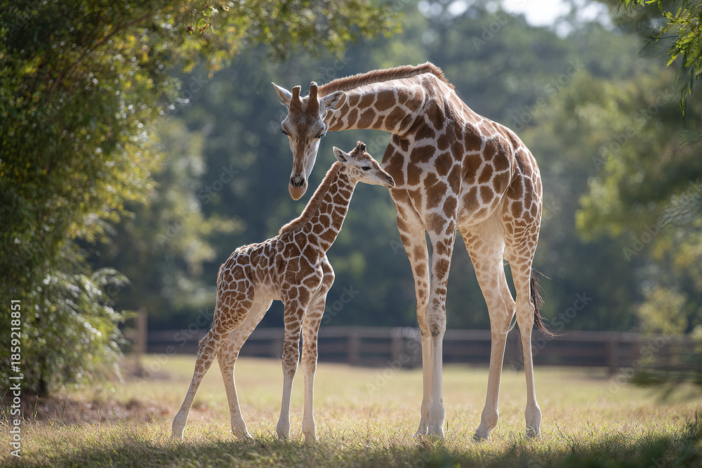 Obraz premium Giraffe calf learning to walk beside mother in natural outdoor environment with soft sunlight and green trees in background creating peaceful and tender moment