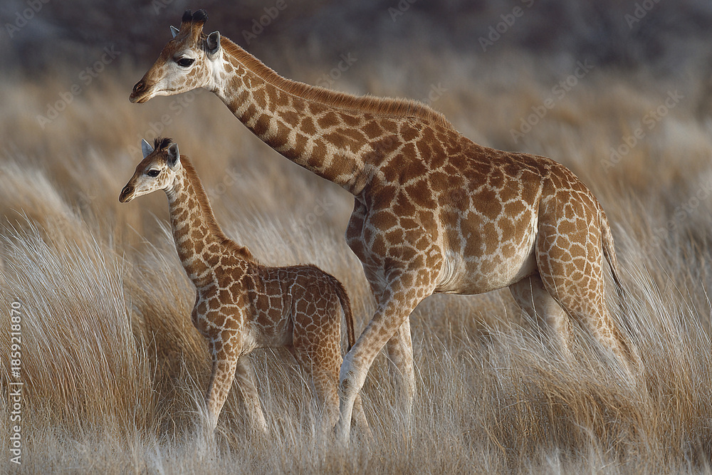 Obraz premium Giraffe calf walking beside mother in dry grassland with warm natural light, showing animal bond and wildlife in natural habitat with detailed fur pattern and tall necks
