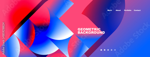 Abstract geometric shapes, vibrant colors, blue, red gradients. Website header design with navigation elements present. Modern aesthetic.