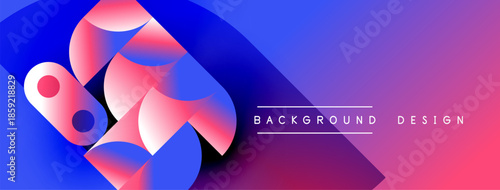 Abstract geometric shapes blend vibrant pinks, blues, purples. Gradient background creates dynamic visual effect. Text reads background design.