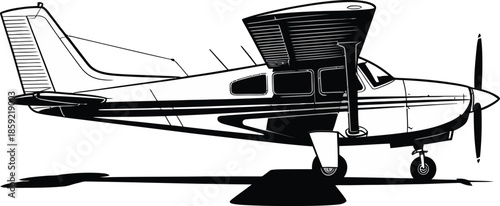 A simple black and white line art illustration of a small propeller airplane in profile view