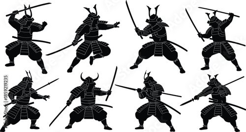 Set of Japanese samurai warrior silhouettes wearing traditional armor with katana swords and spears, ancient bushido fighters in combat poses for martial arts design,