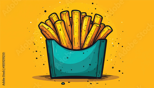 Cartoon French Fries in a Blue Container on Yellow Background.