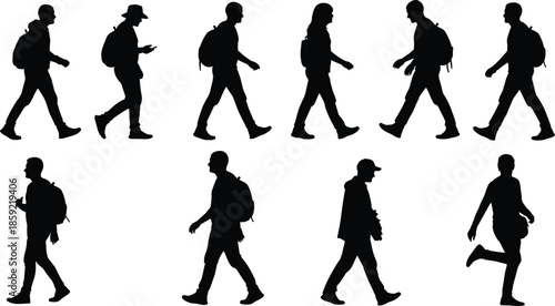 Set of people silhouettes walking with backpacks, young travelers hiking outdoors, commuters in the city, backpackers journeying through nature, black vector illustration, isolated.
