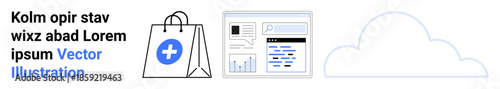 Online shopping, data analytics, cloud storage, digital marketing, commerce solutions, health services. Shopping bag with medical cross, dashboard interface and cloud. Online shopping and data