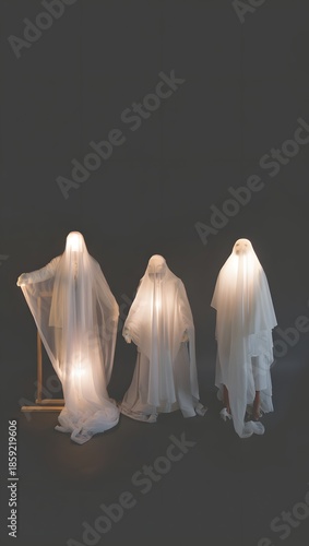 Ethereal figures in white drapes with glowing heads
