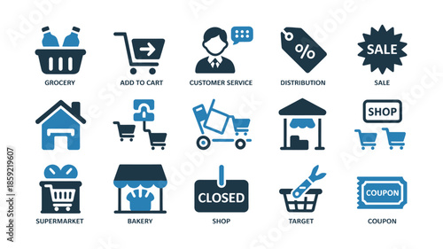 E-commerce icons set in modern minimalist style with dark blue color scheme on white background for web design