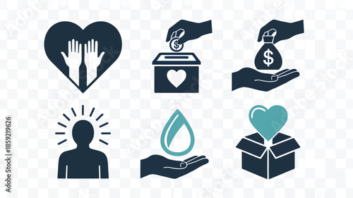Charity donation icons in flat design with dark blue color on transparent background for non-profit organization