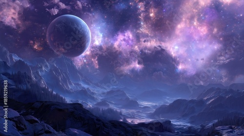 巨大惑星と紫色の星雲が輝く壮大な異世界の山脈