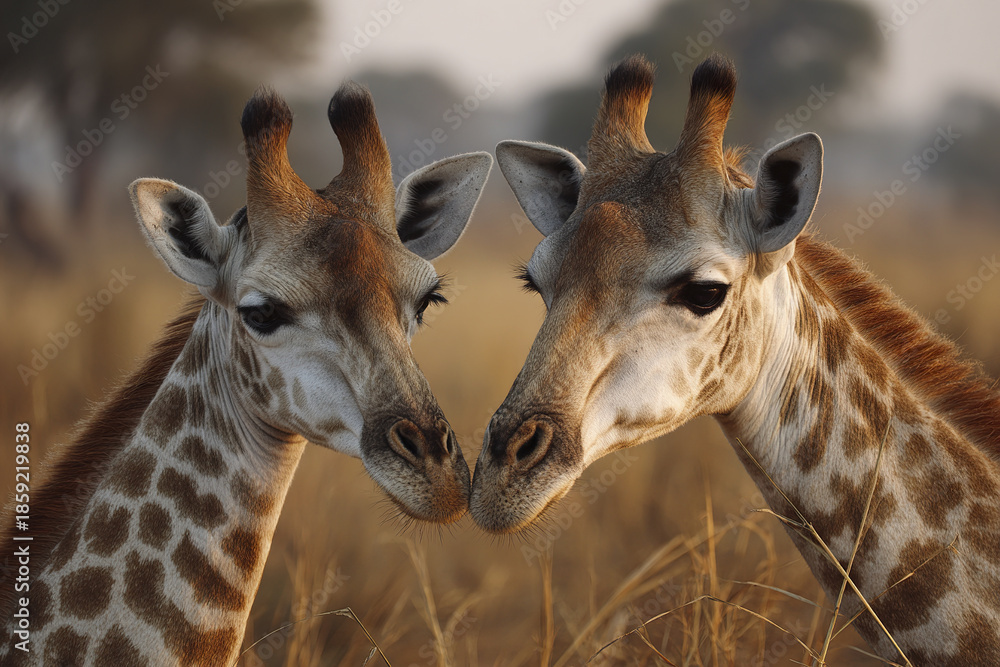 Naklejka premium Two young giraffes gently touching noses in golden savanna during sunset, showing close interaction and natural affection in their wild habitat