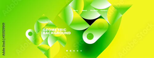 Bright abstract design features flowing shapes, gradients. Text includes work, about, portfolio, contact options. Modern visual presentation.