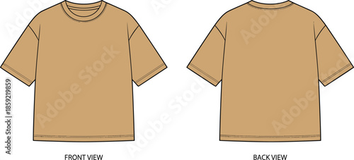 Basic t shirt technical fashion illustration, front back view short sleeve round neck casual apparel flat vector