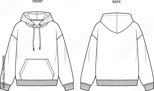 Hoodie sweatshirt technical fashion illustration, front back view long sleeve drawstring hood casual apparel flat vector