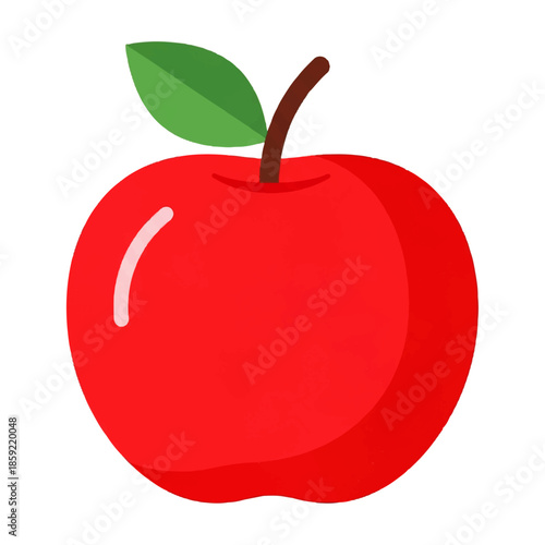 Minimalist flat design red apple illustration perfect for health, food, and nutrition themes, showcasing a fresh, sweet fruit with a distinct leaf and stem