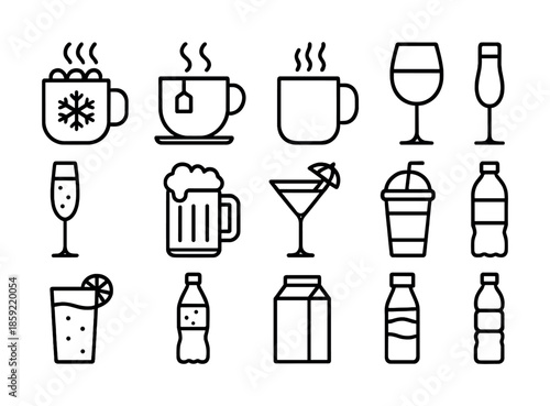 Assorted beverage icons: coffee, tea, wine, beer, cocktail, juice, water