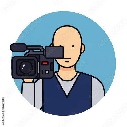 Clean flat design 2D vector icon of a professional cameraman operating a video camera, symbolizing content creation, filming, and broadcast media production roles
